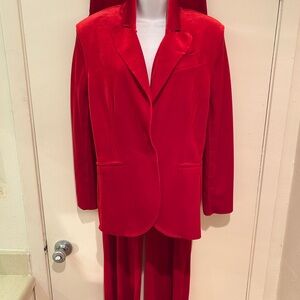 Norma Kamali Red Velvet Pants Suit:  Blazer Suit Jacket and Pants S/M